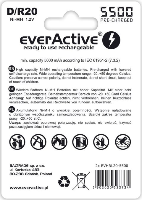 Zestaw akumulatorków everActive EVHRL20-5500 (5500mAh ; Ni-MH) Zestaw akumulatorków everActive EVHRL20-5500 (5500mAh ; Ni-MH)