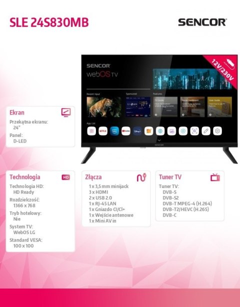 Telewizor 24 cale Smart webOS LG 12/240V SLE 24S830WB Wi-Fi BT