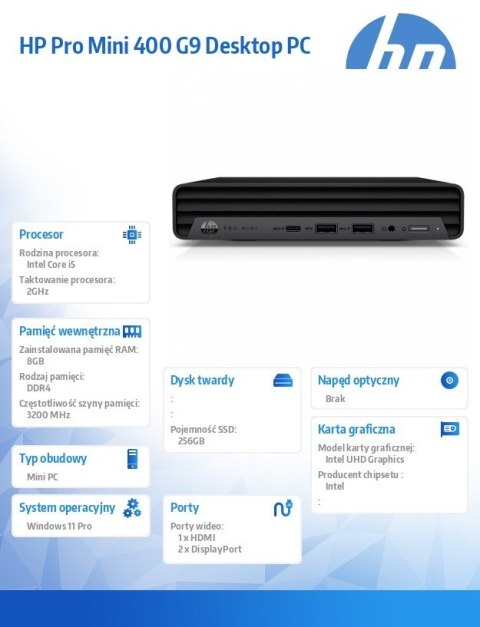 Komputer Pro 400 Mini G9 i5-12500T 256GB/8GB/W11P 885H6EA