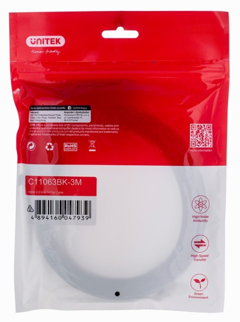UNITEK KABEL HDMI 2.0 4K60HZ,PŁASKI,3M,C11063BK-3M UNITEK KABEL HDMI 2.0 4K60HZ,PŁASKI,3M,C11063BK-3M