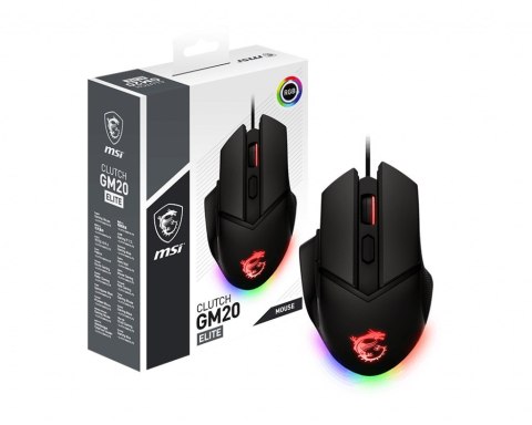 Mysz optyczna klasy gamingowej MSI CLUTCHGM20 ELITE Gaming USB RGB Regulowana do 6400 DPI Laptop stacjonarny