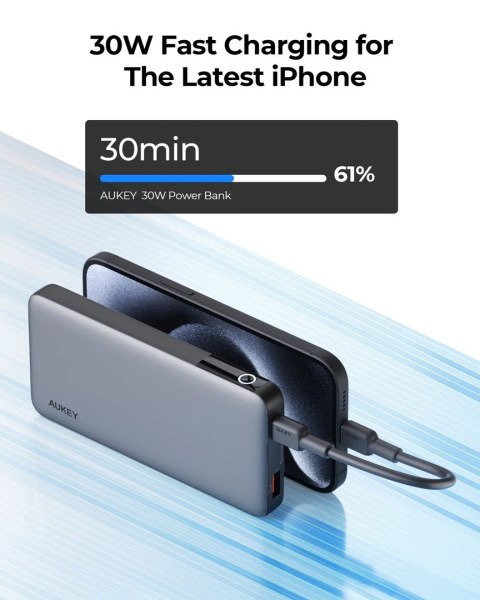 AUKEY POWERBANK 10 000 MAH, USB-C PD 30W, USB-A 22W, SZARY AUKEY POWERBANK 10 000 MAH, USB-C PD 30W, USB-A 22W, SZARY