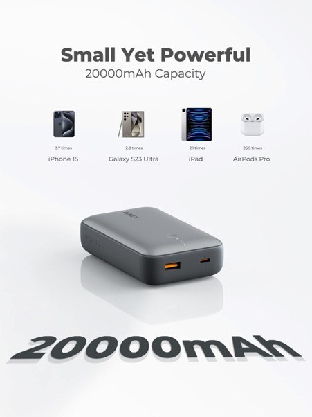 AUKEY POWERBANK 20 000 MAH, USB-C 22,5W, USB-A,MINI, SZARY