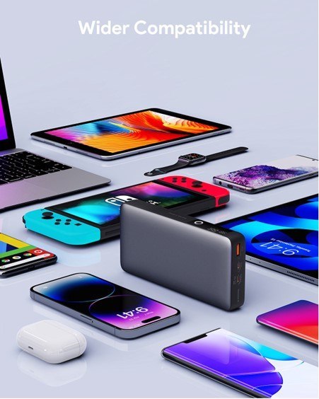 AUKEY POWERBANK 20000MAH, 2X USB-C PD 65W, USB-A 18W, SZARY