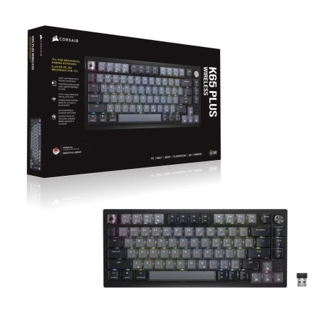 Bezprzewodowa klawiatura gamingowa Corsair Gaming K65 Plus 75% RGB, MLX RED - Czarny, Szary Bezprzewodowa klawiatura gamingowa Corsair Gaming K65 Plus 75% RGB, MLX RED - Czarny, Szary
