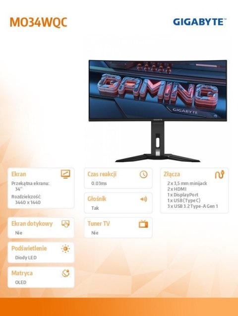 Monitor 34 cale MO34WQC OLED WQHD 2xHDMI DP USB-C
