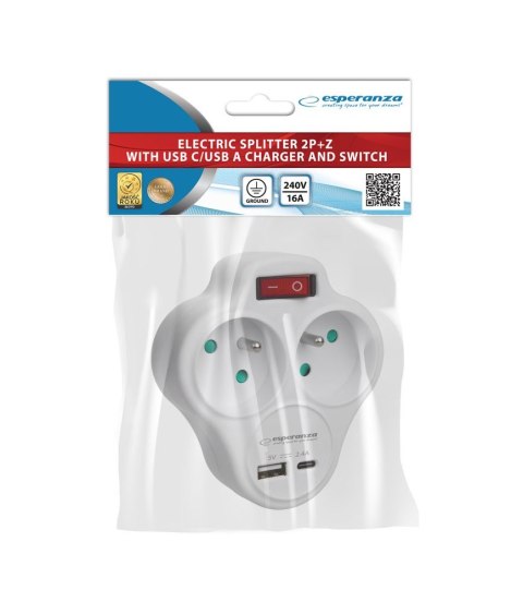 ESPERANZA ROZGAŁĘŹNIK ELEKTRYCZNY 2 GN. USB-C USB-A WŁ. BIAŁY ELK311W ESPERANZA ROZGAŁĘŹNIK ELEKTRYCZNY 2 GN. USB-C USB-A WŁ. BIAŁY ELK311W