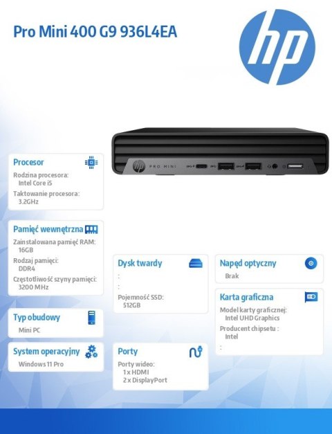 Komputer 400Mini G9Ri5-13500T 16GB/512GB/W11P 936L4EA Komputer 400Mini G9Ri5-13500T 16GB/512GB/W11P 936L4EA