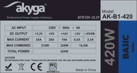 Zasilacz Akyga AK-B1-420 (420 W; Pasywne; 120 mm) Zasilacz Akyga AK-B1-420 (420 W; Pasywne; 120 mm)