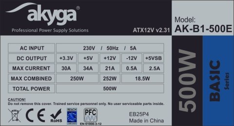 Zasilacz Akyga Basic AK-B1-500E (500 W; Pasywne; 120 mm) Zasilacz Akyga Basic AK-B1-500E (500 W; Pasywne; 120 mm)