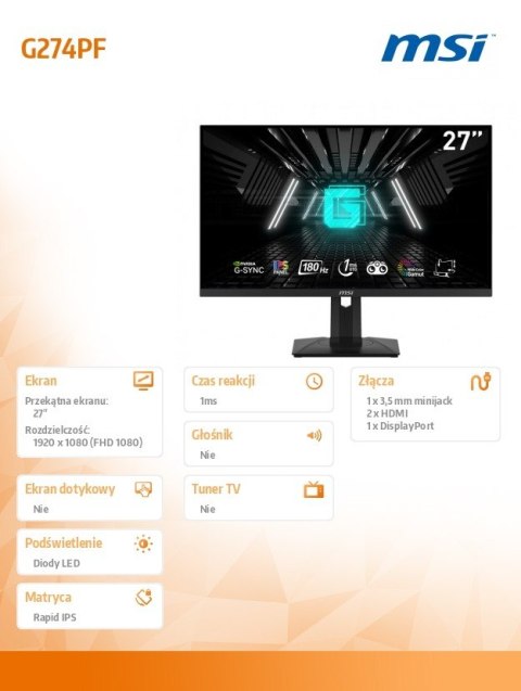 Monitor 27 cali G274PF LED/FHD/Flat/180Hz/czarny Monitor 27 cali G274PF LED/FHD/Flat/180Hz/czarny