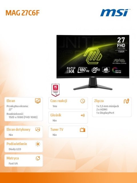 Monitor MAG 27C6F 27 cali/LED/FHD/Curv/180Hz/Black Monitor MAG 27C6F 27 cali/LED/FHD/Curv/180Hz/Black