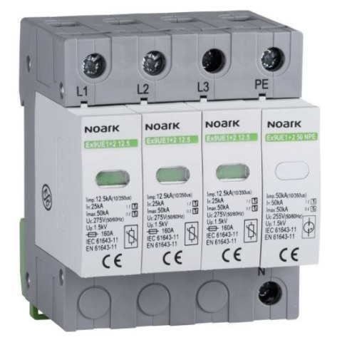Ogr. przep., typ I+II, 275 V AC, 12,5 kA, wymienna wkładka, 3+N-bieg. (Ex9UE1+2 12.5 3PN 275) Ogr. przep., typ I+II, 275 V AC, 12,5 kA, wymienna wkładka, 3+N-bieg. (Ex9UE1+2 12.5 3PN 275)