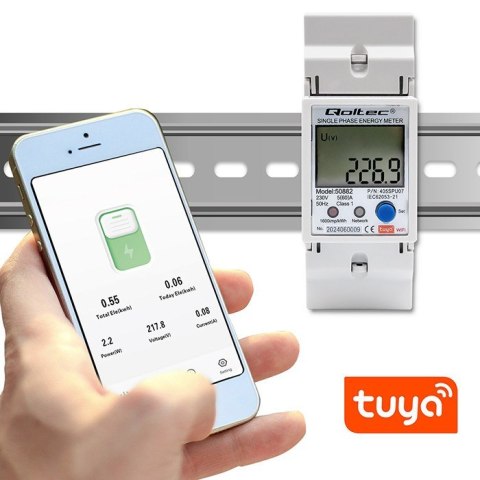 Qoltec 50882 Jednofazowy elektroniczny licznik | miernik zużycia energii na szynę DIN | Wi-Fi | TUYA | 230V | LCD