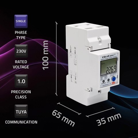 Qoltec 50882 Jednofazowy elektroniczny licznik | miernik zużycia energii na szynę DIN | Wi-Fi | TUYA | 230V | LCD