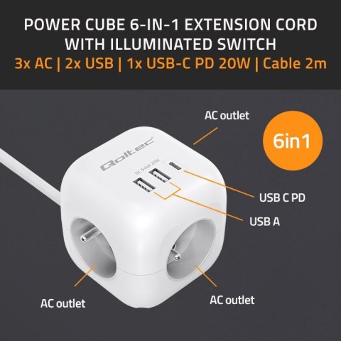 Kostka zasilająca przedłużacz 6w1 z podświetlanym włącznikiem | 3x AC | 2x USB | 1x USB-C PD 20W | biała | kabel 2m