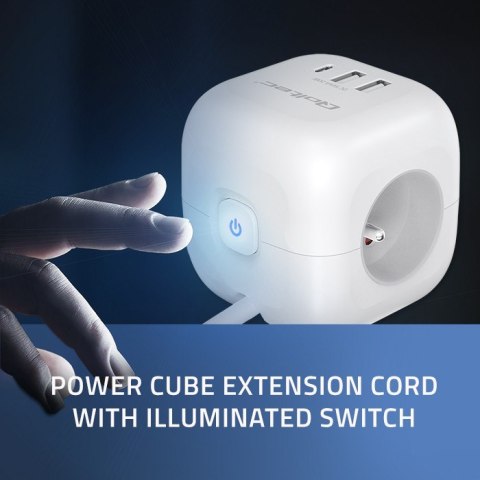 Kostka zasilająca przedłużacz 6w1 z podświetlanym włącznikiem | 3x AC | 2x USB | 1x USB-C PD 20W | biała | kabel 2m