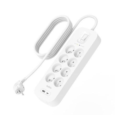 Listwa zasilająca Belkin Power Surge 8-PORT + 1xUSB-A +1xUSB-C 2.4A PD 900J 2m White Listwa zasilająca Belkin Power Surge 8-PORT + 1xUSB-A +1xUSB-C 2.4A PD 900J 2m White