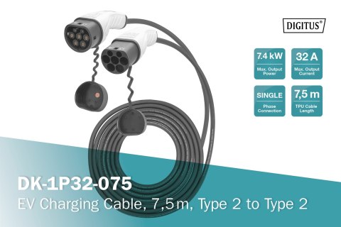 Digitus Kabel do ładowania pojazdów elektrycznych EV, Typ2-Typ2, jednofazowy 230V, 32A, 7.4kW, 7,5m