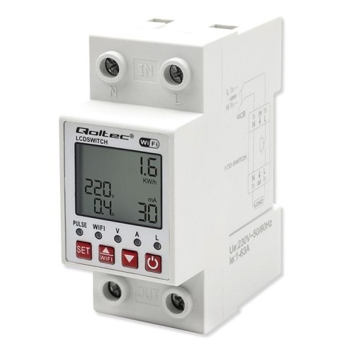 Przekaźnik 63A na szynę DIN z licznikiem energii elektrycznej | Timer | Tuya | Wi-Fi | LED Przekaźnik 63A na szynę DIN z licznikiem energii elektrycznej | Timer | Tuya | Wi-Fi | LED
