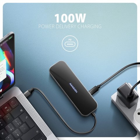 AXAGON HMC-6GLN Hub USB, 2x USB-A, 1x USB-C, 1x HDMI 2.0, 1x RJ45, 100 W PD - srebrny