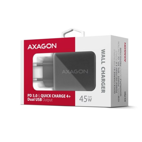 Axagon ACU-PQ45 QC 3.0, 4.0/AFC/FCP/PPS/PD, 45W, schwarz - Netzladegerät mit USB-A und USB-C Schnittstelle Telefon komórkowy, Sm