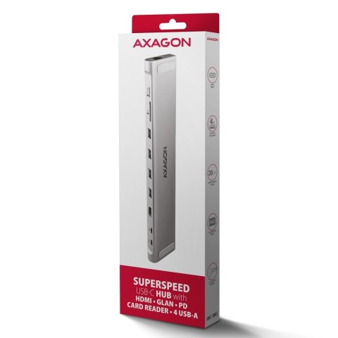 Koncentrator wieloportowy AXAGON HMC-10HLS, 4x USB-A i 2x USB-C, HDMI 4K/60Hz, RJ-45, SD/microSD, PD 100W