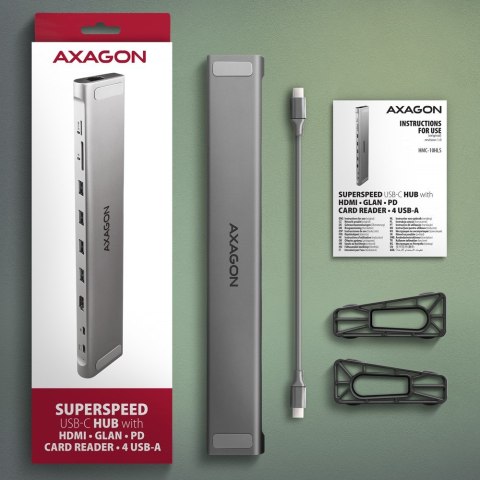Koncentrator wieloportowy AXAGON HMC-10HLS, 4x USB-A i 2x USB-C, HDMI 4K/60Hz, RJ-45, SD/microSD, PD 100W