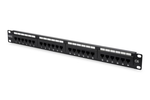 Digitus Panel krosowy (patch panel) 19'' 24x RJ45, LSA pion, kat.6, nieekranowany, 1U, czarny, prowadnica kabli, pola opisowe Digitus Panel krosowy (patch panel) 19'' 24x RJ45, LSA pion, kat.6, nieekranowany, 1U, czarny, prowadnica kabli, pola opisowe