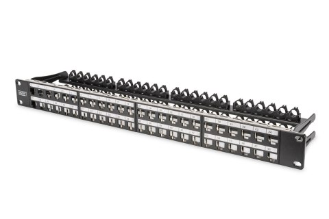 Panel krosowy high density 19" 48x keystone, ekranowany, 1U, czarny, prowadnica kabli,pola opisowe Panel krosowy high density 19" 48x keystone, ekranowany, 1U, czarny, prowadnica kabli,pola opisowe