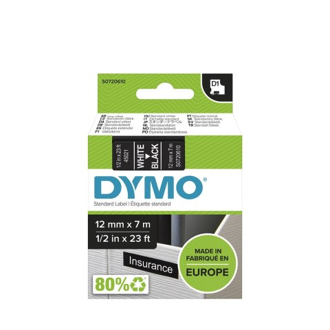 DYMO D1 - Standard Etykiety - Biały na czarnym - 12mm x 7m