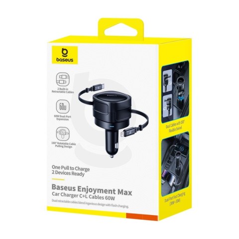 Ładowarka samochodowa Baseus Enjoyment Max z kablami USB-C+Lightning 60W Czarny Ładowarka samochodowa Baseus Enjoyment Max z kablami USB-C+Lightning 60W Czarny
