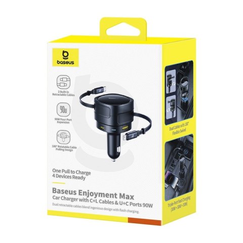 Ładowarka samochodowa Baseus Enjoyment Max z kablami USB-C+Lightning i portami USB-A+USB-C 90W Czarny Ładowarka samochodowa Baseus Enjoyment Max z kablami USB-C+Lightning i portami USB-A+USB-C 90W Czarny