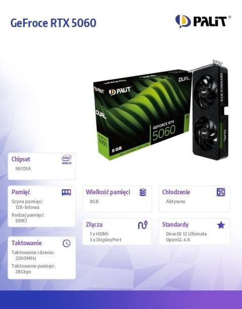 Karta graficzna GeFroce RTX 5060 DUAL 8GB GDDR7 128bit 3DP/HDMI