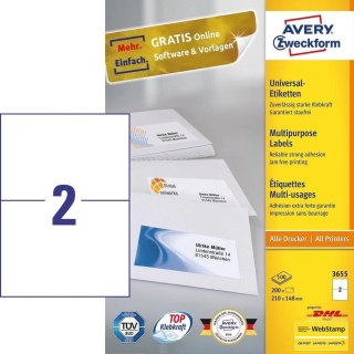 Avery 3655 samoprzylepne etykiety Prostokąt Na stałe Biały 200 szt.