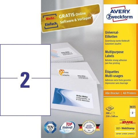 Avery 3655 samoprzylepne etykiety Prostokąt Na stałe Biały 200 szt. Avery 3655 samoprzylepne etykiety Prostokąt Na stałe Biały 200 szt.