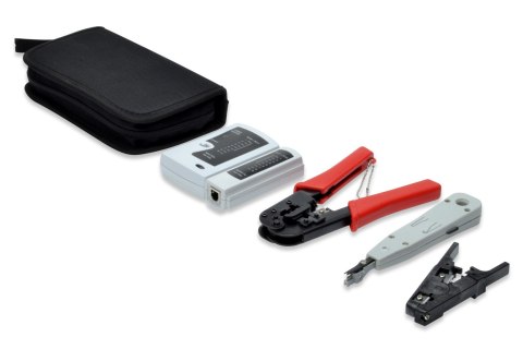 Zestaw narzędzi sieciowych (LAN tester RJ11/RJ12/RJ45, zaciskarka, stripper, narzędzie uderzeniowe) Zestaw narzędzi sieciowych (LAN tester RJ11/RJ12/RJ45, zaciskarka, stripper, narzędzie uderzeniowe)
