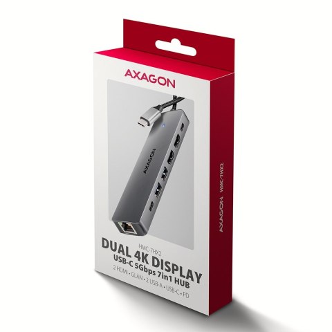 AXAGON HMC-7HX2 Hub USB, 2x USB-A, 1x USB-C, 2x HDMI 2.0, 1x RJ45, 100 W PD - srebrny