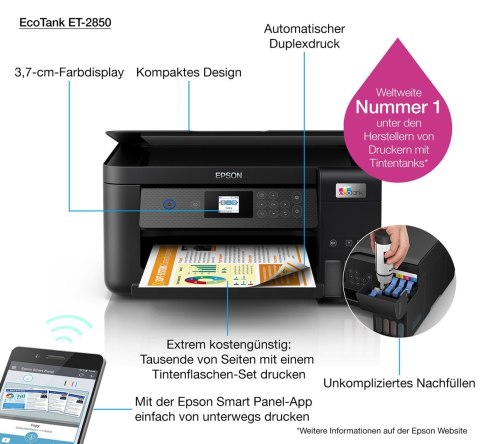 Drukarka Epson EcoTank ET-2850 3w1-Tintenstrahl A4 WiFi/WLan Duplex