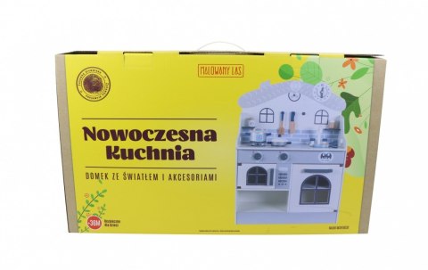Drewniana kuchnia ze światłem i akcesoriami szara Domek