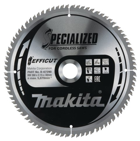 T.C.T. tarcza Makita B-67240 260X2.15X30mm 10° T80 EFFICUT T.C.T. tarcza Makita B-67240 260X2.15X30mm 10° T80 EFFICUT