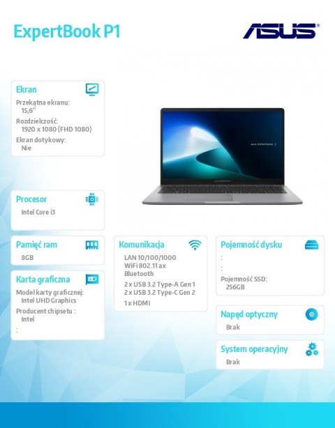 Notebook ExpertBook P1503CVA-S71120 i3-1315U/15.6 cali FHD/8GB/256GB/NoOS/3YRS