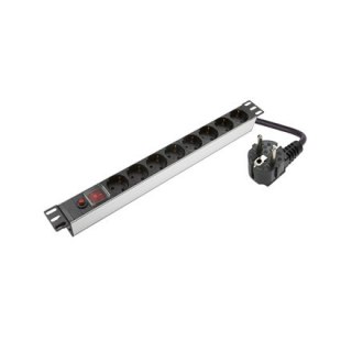 Sieci SOMI | Aluminiowy panel zasilający 1U, 19", 8x Schuko | PDU08SASO | Srebro | Z przełącznikiem i zabezpieczeniem przeciwprz