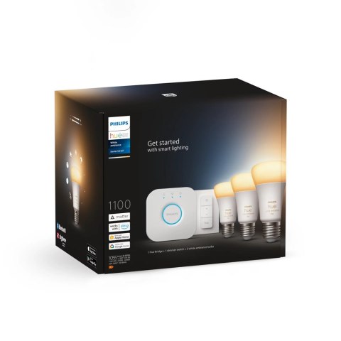 Philips Hue White ambiance Zestaw startowy: 3 inteligentne żarówki E27 (1100) + regulator przyciemniania Hue Dimmer switch Philips Hue White ambiance Zestaw startowy: 3 inteligentne żarówki E27 (1100) + regulator przyciemniania Hue Dimmer switch