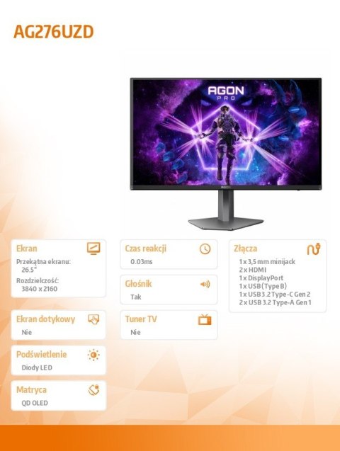 Monitor 26.5 cala AG276UZD 4K QD-OLED 240Hz HDMIx2 DP USB-C Pivot