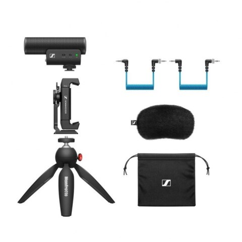 Sennheiser MKE 400 MOBILE KIT - Mikrofon pojemnościowy, superkardioidalny, wyposażony w filtr dolnoprzepustowy ze statywem Manfr