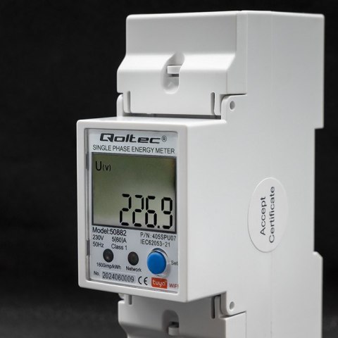 Qoltec 50882 Jednofazowy elektroniczny licznik | miernik zużycia energii na szynę DIN | Wi-Fi | TUYA | 230V | LCD