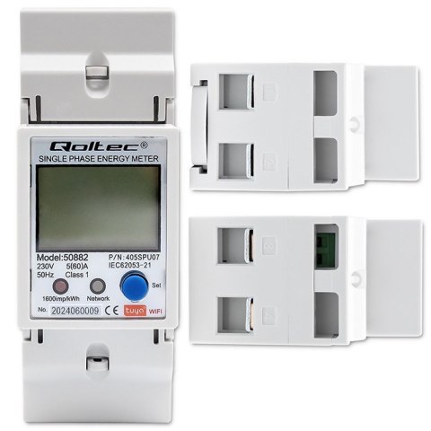 Qoltec 50882 Jednofazowy elektroniczny licznik | miernik zużycia energii na szynę DIN | Wi-Fi | TUYA | 230V | LCD