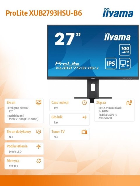 Monitor 27 cali XUB2793HSU-B6 IPS.HDMI.DP.2x2W.USBx2.FreeSync.Flicker