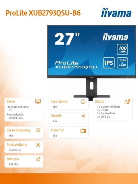 Monitor 27 cali ProLite XUB2793QSU-B6 IPS,QHD,HAS(150mm),100Hz,HDMI,DP,2x2W 2xUSB(3.2),FreeSync